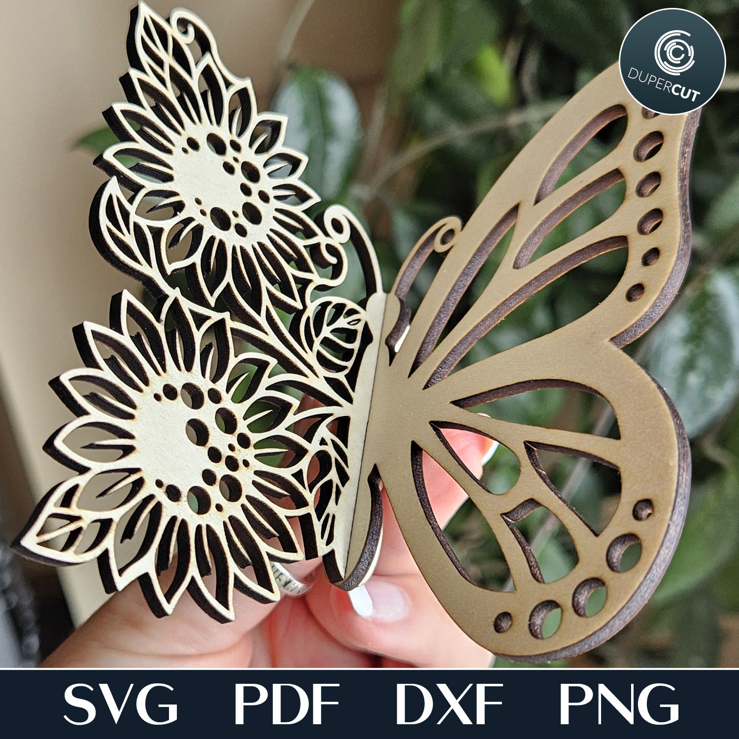 Garden decor, cute 3d floral half butterfly, SVG vector template for laser cutting machines, Glowforge, Xtool, Cricut, Scroll saw pattern, CNC plasma machines by www.DuperCut.com