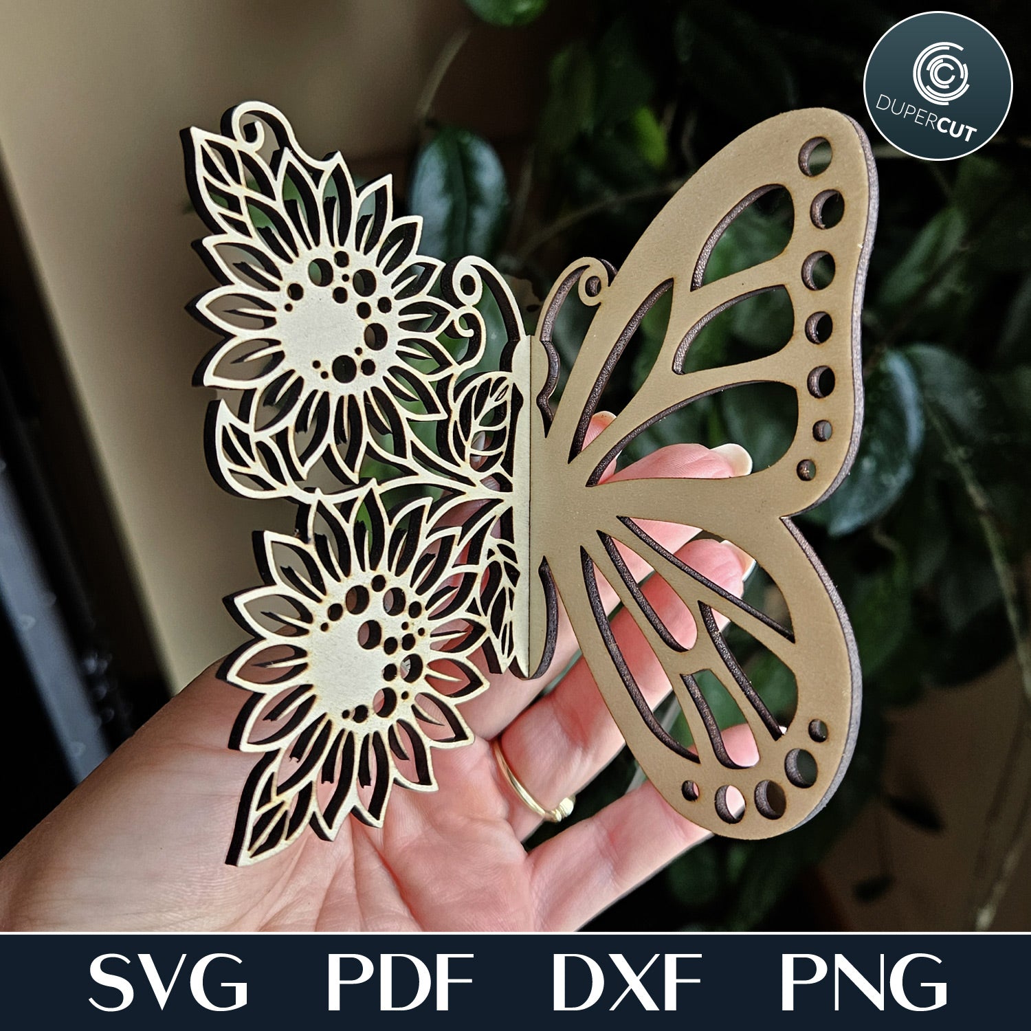 Garden decor, cute 3d floral half butterfly, SVG vector template for laser cutting machines, Glowforge, Xtool, Cricut, Scroll saw pattern, CNC plasma machines by www.DuperCut.com