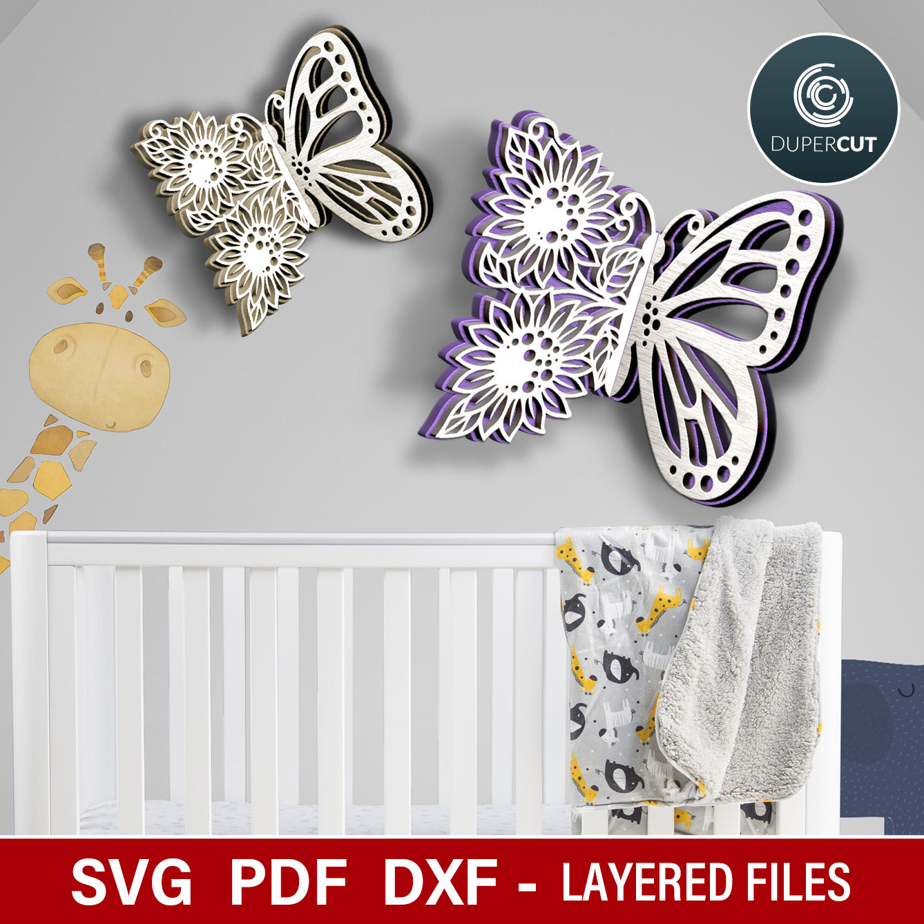Nursery decoration, cute 3d floral layered half butterfly, SVG vector template for laser cutting machines, Glowforge, Xtool, Cricut, Scroll saw pattern, CNC plasma machines by www.DuperCut.com