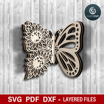 Nursery decoration, cute 3d floral layered half butterfly, SVG vector template for laser cutting machines, Glowforge, Xtool, Cricut, Scroll saw pattern, CNC plasma machines by www.DuperCut.com