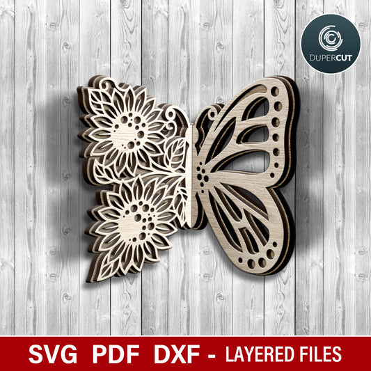 Nursery decoration, cute 3d floral layered half butterfly, SVG vector template for laser cutting machines, Glowforge, Xtool, Cricut, Scroll saw pattern, CNC plasma machines by www.DuperCut.com