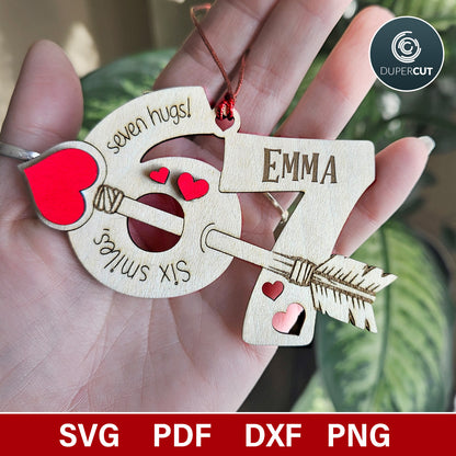 Six Seven Valentines tags, locker magnets. Add custom name laser cut SVG DXF files for laser cutting machines Glowforge, Xtool, Cricut, CNC plasma, scroll saw pattern by www.dupercut.com