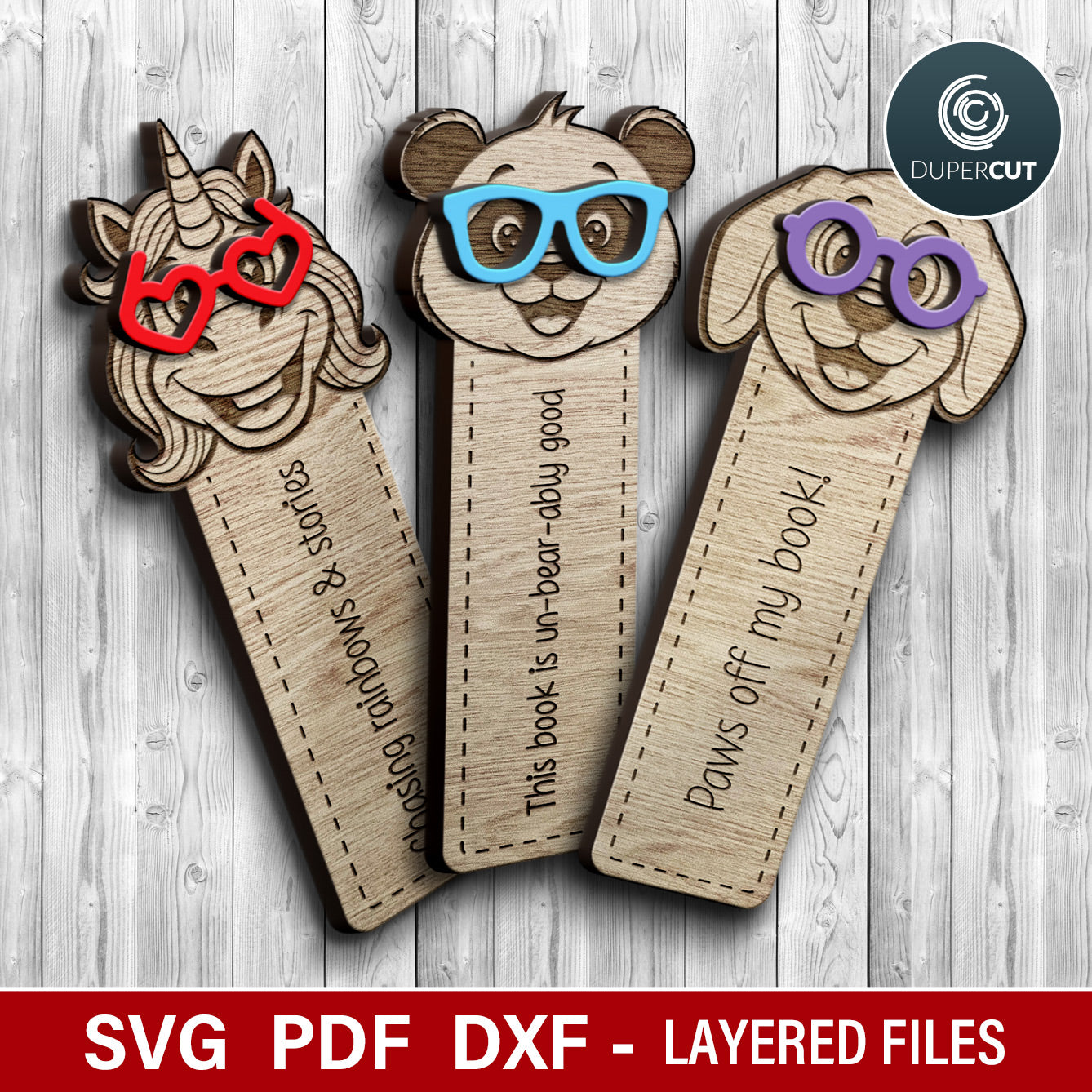Cute Animals in eyeglasses bookmarks bundle, personalized text, laser cut vector files SVG, for laser cutting machines by www.DuperCut.com