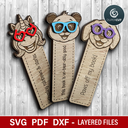 Cute Animals in eyeglasses bookmarks bundle, personalized text, laser cut vector files SVG, for laser cutting machines by www.DuperCut.com