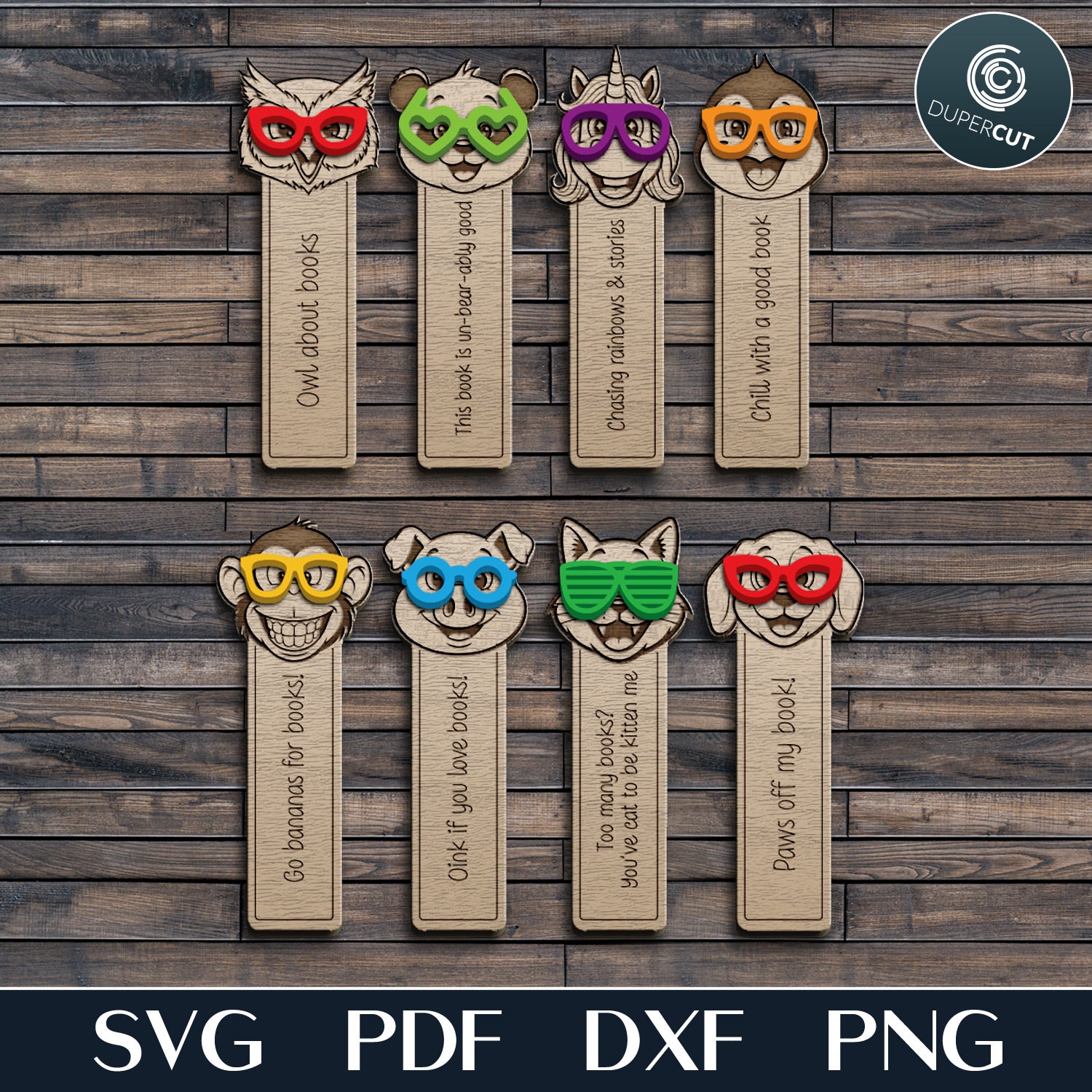 Geeky Animals in eyeglasses bookmarks bundle, laser cut vector files SVG, for laser cutting machines by www.DuperCut.com