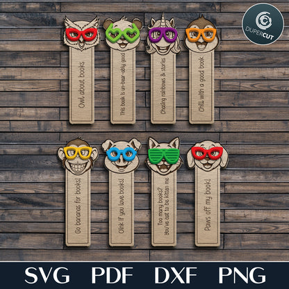 Geeky Animals in eyeglasses bookmarks bundle, laser cut vector files SVG, for laser cutting machines by www.DuperCut.com