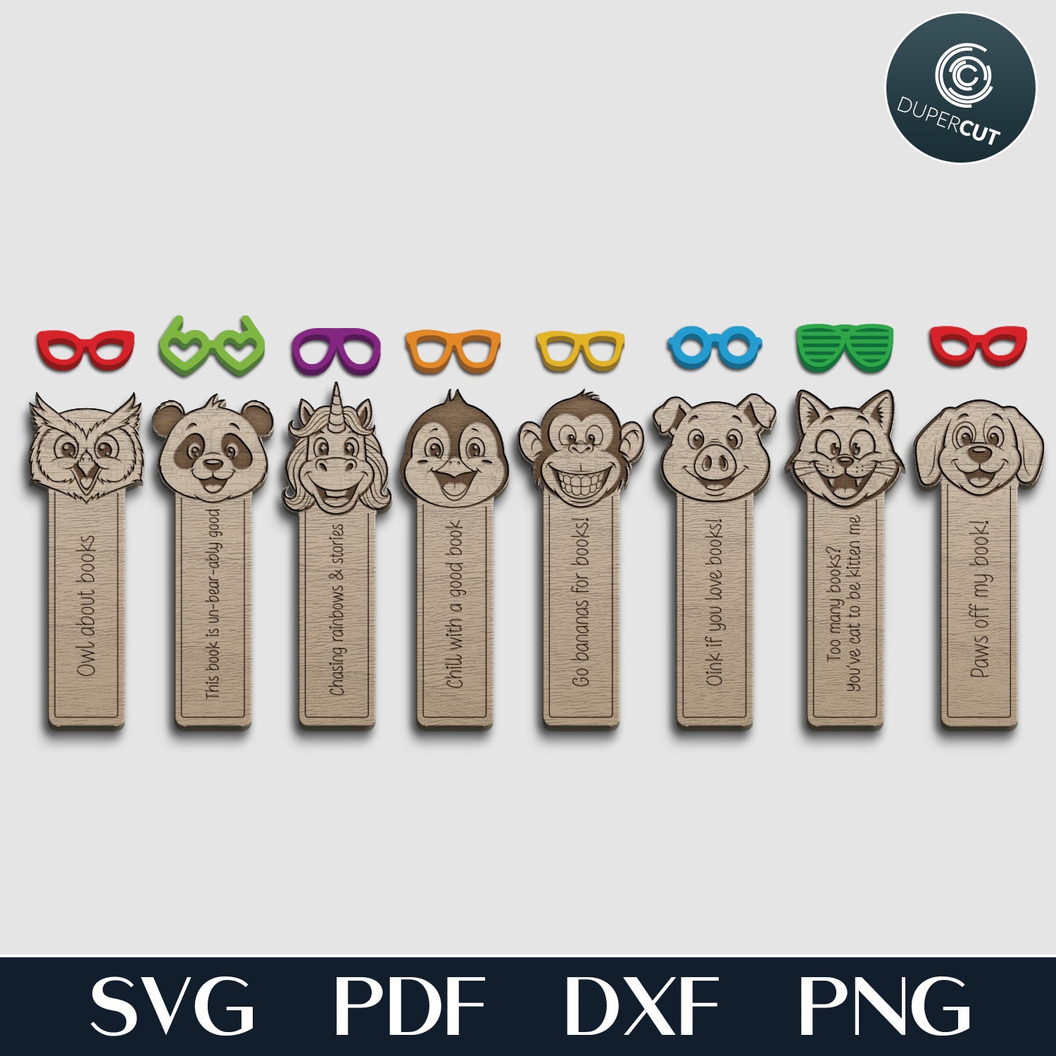 Geeky Animals in eyeglasses bookmarks bundle, laser cut vector files SVG, for laser cutting machines by www.DuperCut.com
