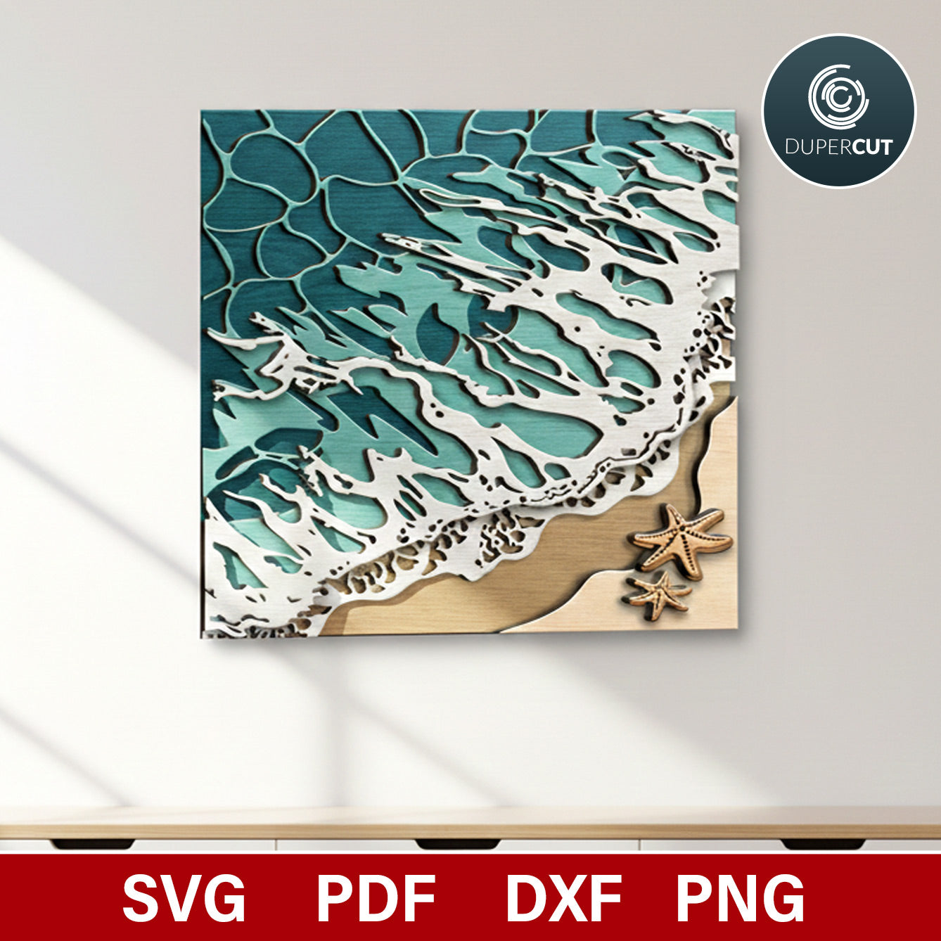 Decorative wall art with realistic ocean waves beach scene. Multi-layer laser cutting SVG vector files for Glowforge, Xtool, CNC plasma, Scroll saw pattern by www.dupercut.com