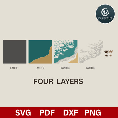 Decorative wall art with ocean wave. Multi-layer laser cutting SVG vector files for Glowforge, Xtool, CNC plasma, Scroll saw pattern by www.dupercut.com