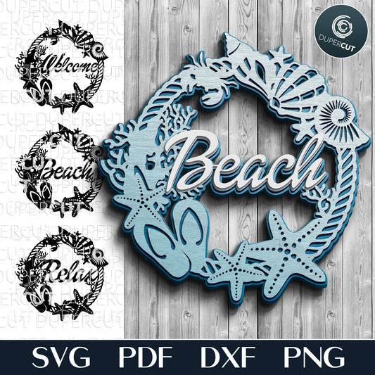 Seashells welcome sign, layered files, cottage decoration. Layered laser files. SVG JPEG DXF files. Template for paper cutting, laser cutting. For use with Cricut, Glowforge, Silhouette Cameo, CNC machines by www.DuperCut.com