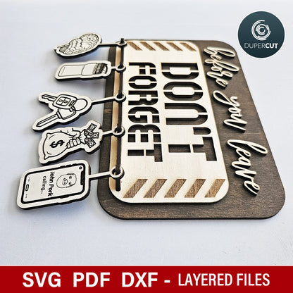 Before you leave reminders, funny prank sign, Don't forget to bring sign, laser cutting SVG files for Glowforge, Xtool, Cricut, scroll saw pattern by www.dupercut.com