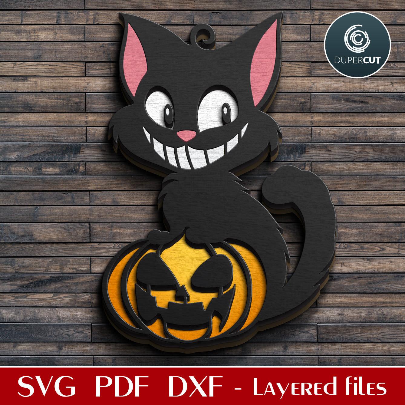 Cute smiling black cat with pumpkin Jack'o'lantern SVG DXF vector layered Halloween decoration for laser cutting with Glowforge, Xtool, Cricut, CNC plasma machines, scroll saw pattern by www.dupercut.com