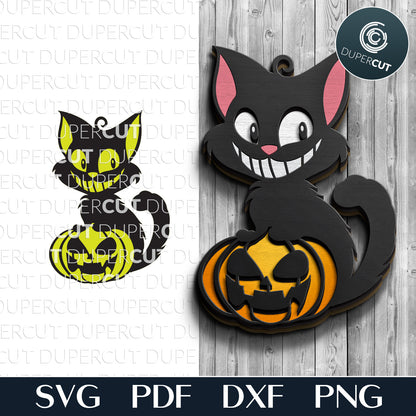 Cute Black cat with pumpkin SVG DXF vector layered Halloween decoration for laser cutting with Glowforge, Xtool, Cricut, CNC plasma machines, scroll saw pattern by www.dupercut.com