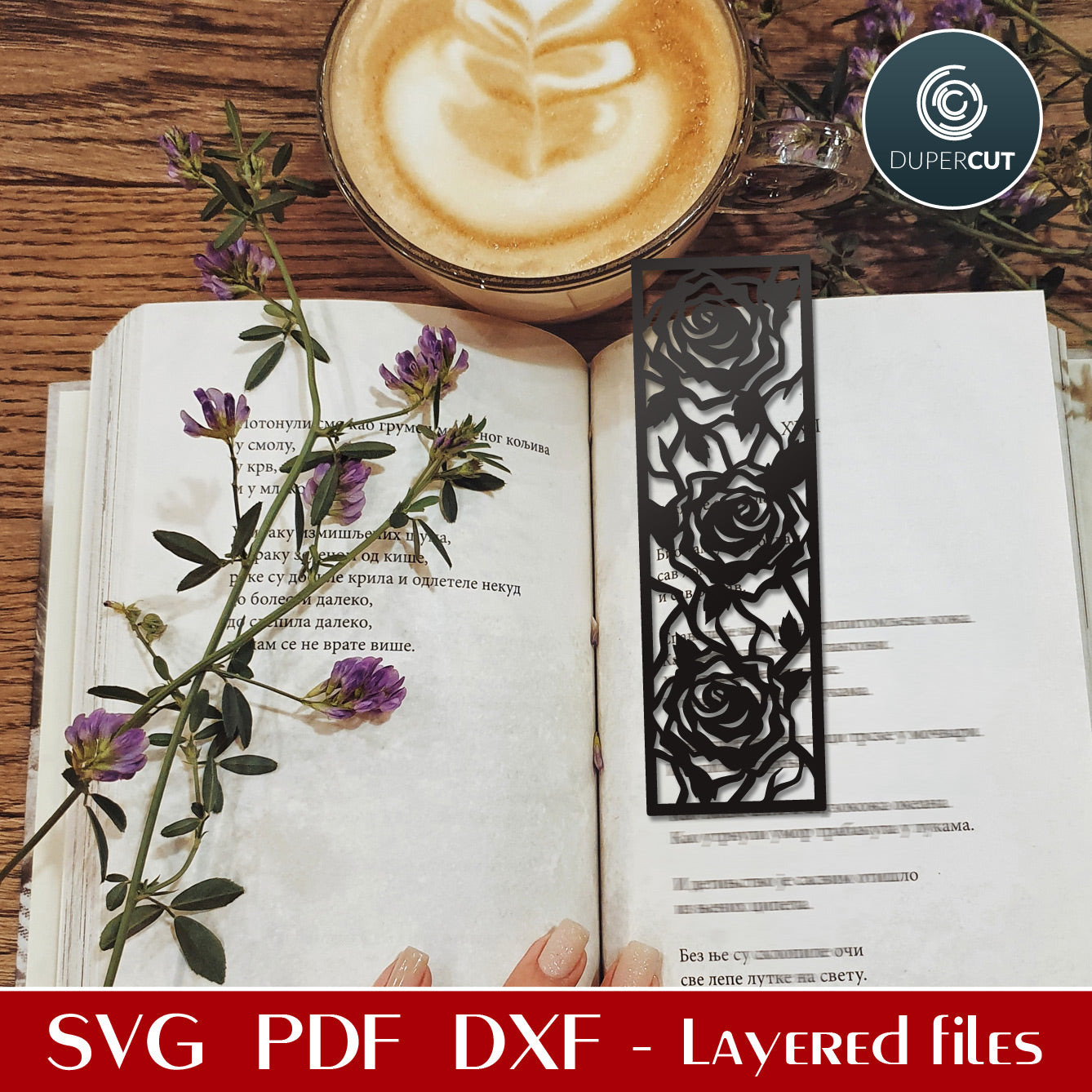DIY roses detailed bookmark - SVG DXF vector files for laser cutting machines, Glowforge, Cricut, Silhouette, CNC plasma machines by www.DuperCut.com