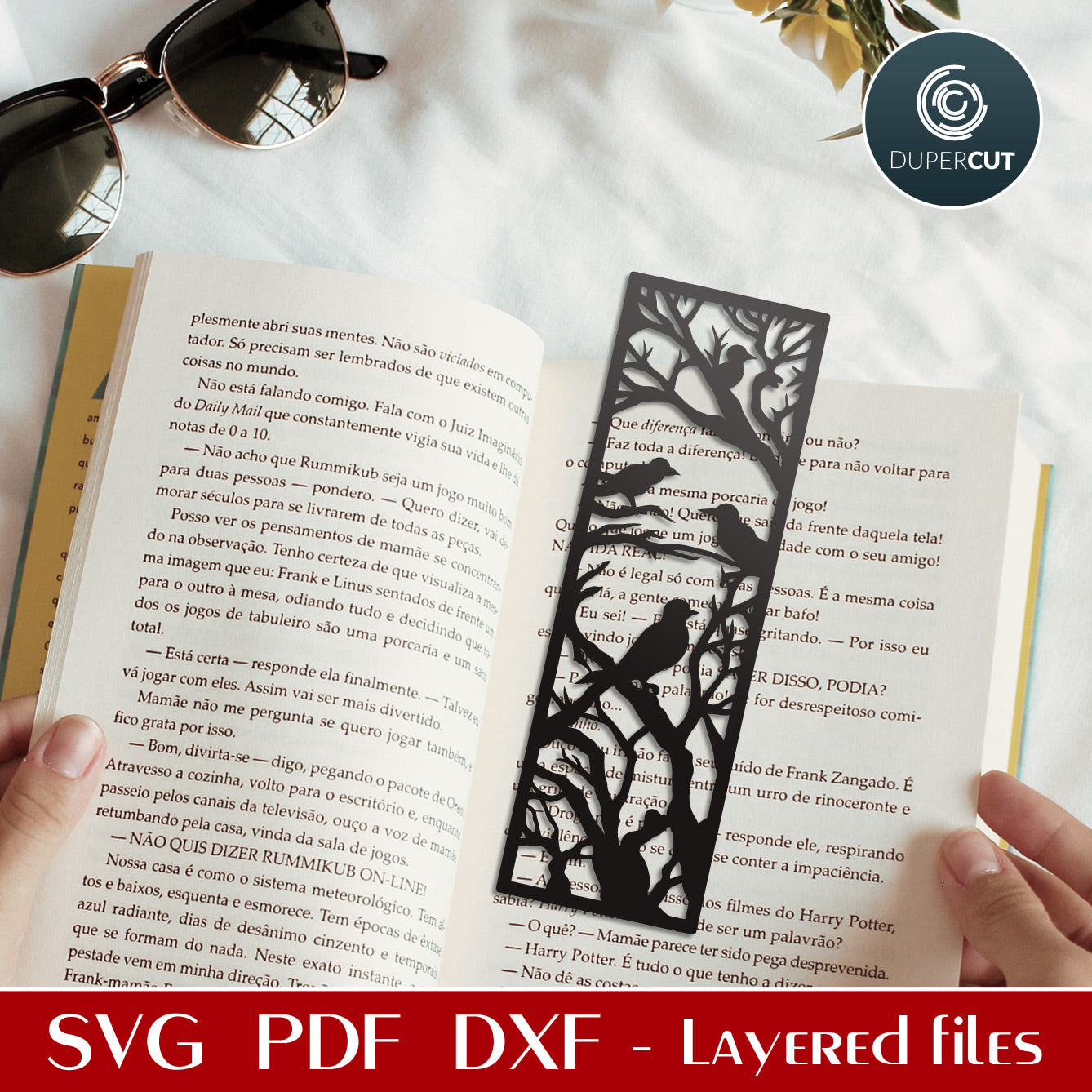 DIY birds on a tree detailed bookmark - SVG DXF vector files for laser cutting machines, Glowforge, Cricut, Silhouette, CNC plasma machines by www.DuperCut.com