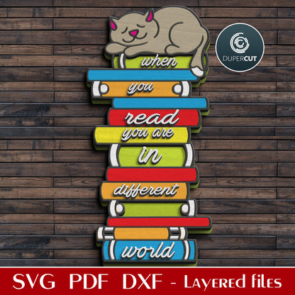 Bookshelf with sleeping cat sign, template SVG DXF vector files for laser cutting Glowforge, Cricut, Xtool, CNC plasma machines by www.DuperCut.com
