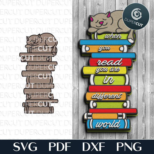Book stack with cat sign, layered template SVG DXF vector files for laser cutting Glowforge, Cricut, Xtool, CNC plasma machines by www.DuperCut.com