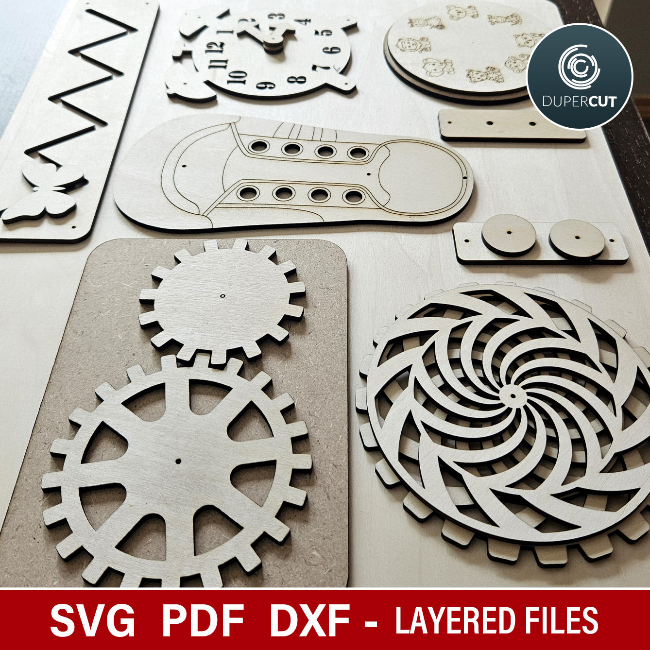 Wooden activity board elements, diy laser cut file for Glowforge, Xtool, laser machines, SVG vector design by www.DuperCut.com