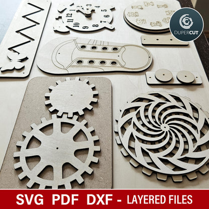 Wooden activity board elements, diy laser cut file for Glowforge, Xtool, laser machines, SVG vector design by www.DuperCut.com