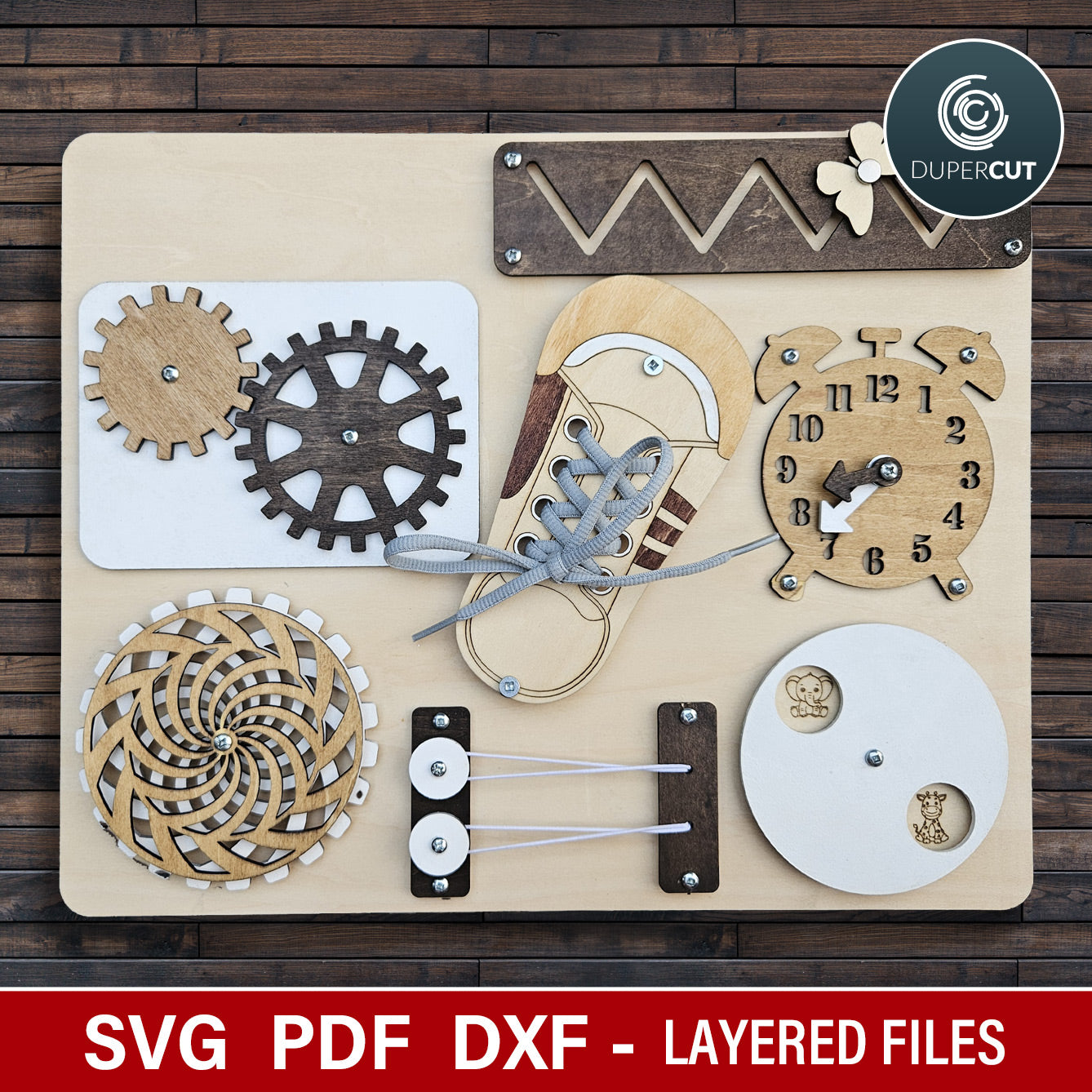 Montessori busy board elements, diy laser cut file for Glowforge, Xtool, laser machines, SVG vector design by www.DuperCut.com