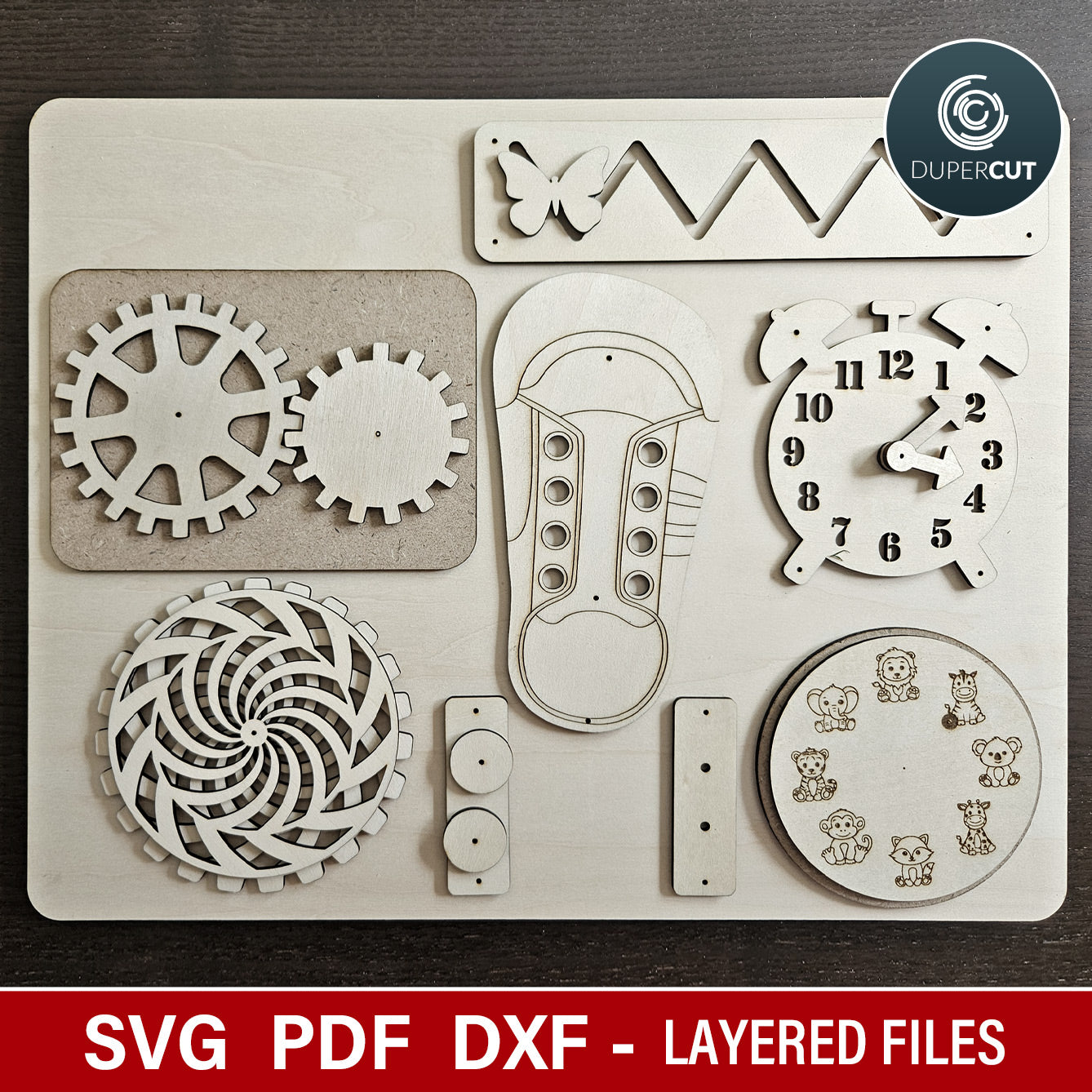 Wooden activity board elements, diy laser cut file for Glowforge, Xtool, laser machines, SVG vector design by www.DuperCut.com