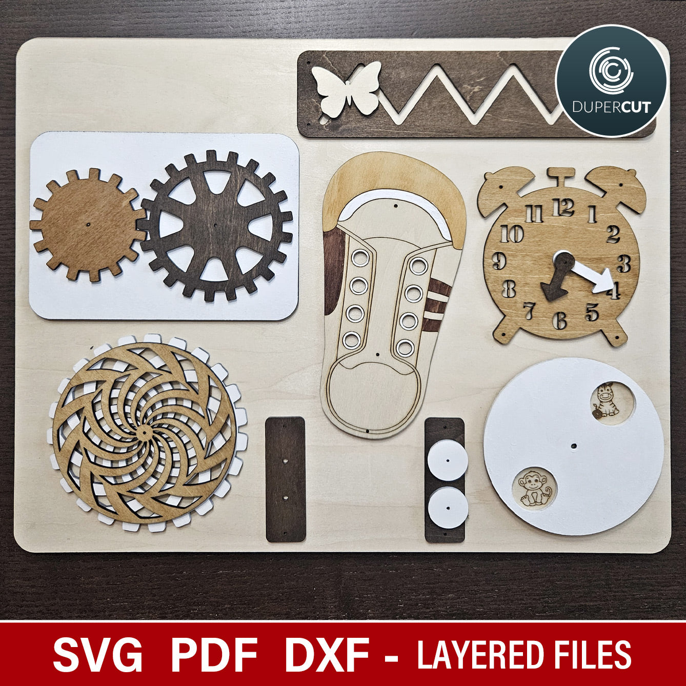 Wooden activity board elements, diy laser cut file for Glowforge, Xtool, laser machines, SVG vector design by www.DuperCut.com