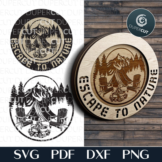 Camping scene escape to nature sign - SVG DXF layered vector files for Glowforge, X-tool, Cricut, CNC plasma machines by www.DuperCut.com