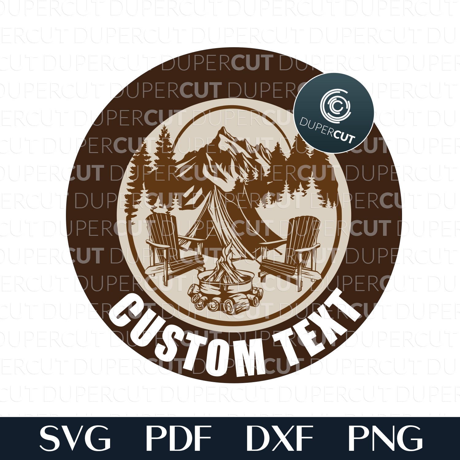 Camping scene personalized adventure sign - SVG DXF layered vector files for Glowforge, X-tool, Cricut, CNC plasma machines by www.DuperCut.com