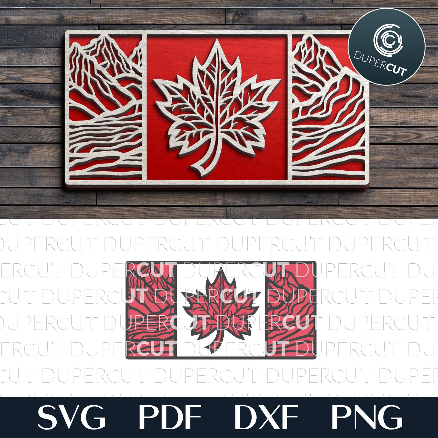 Maple leaf flag of Canada - SVG DXF layered cut files for laser and digital machines Glowforge, Cricut, Xtool, CNC plasma, scroll saw pattern by www.DuperCut.com