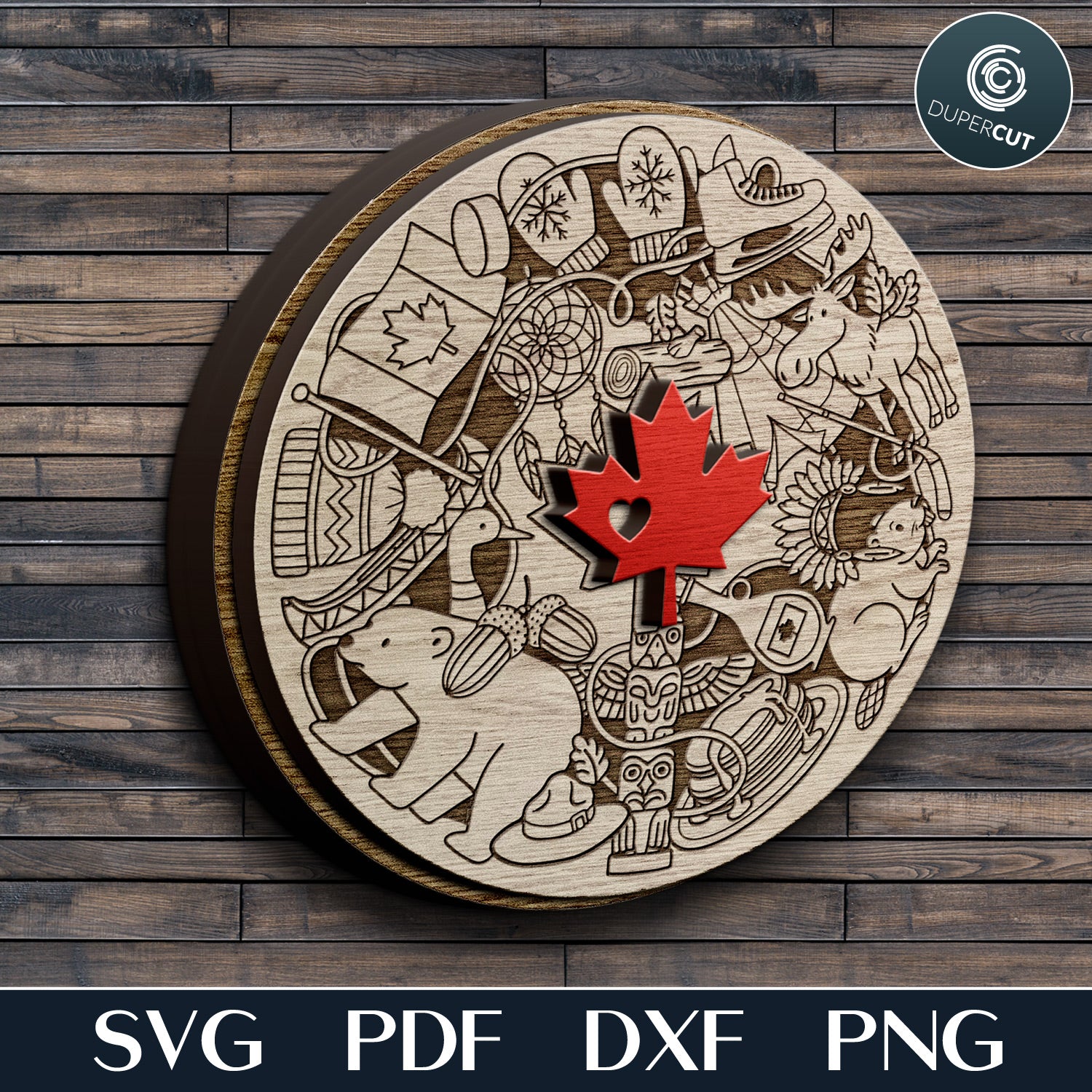 Wooden circular cutout with intricate designs and a red maple leaf on a wooden background, featuring the DuperCut logo.