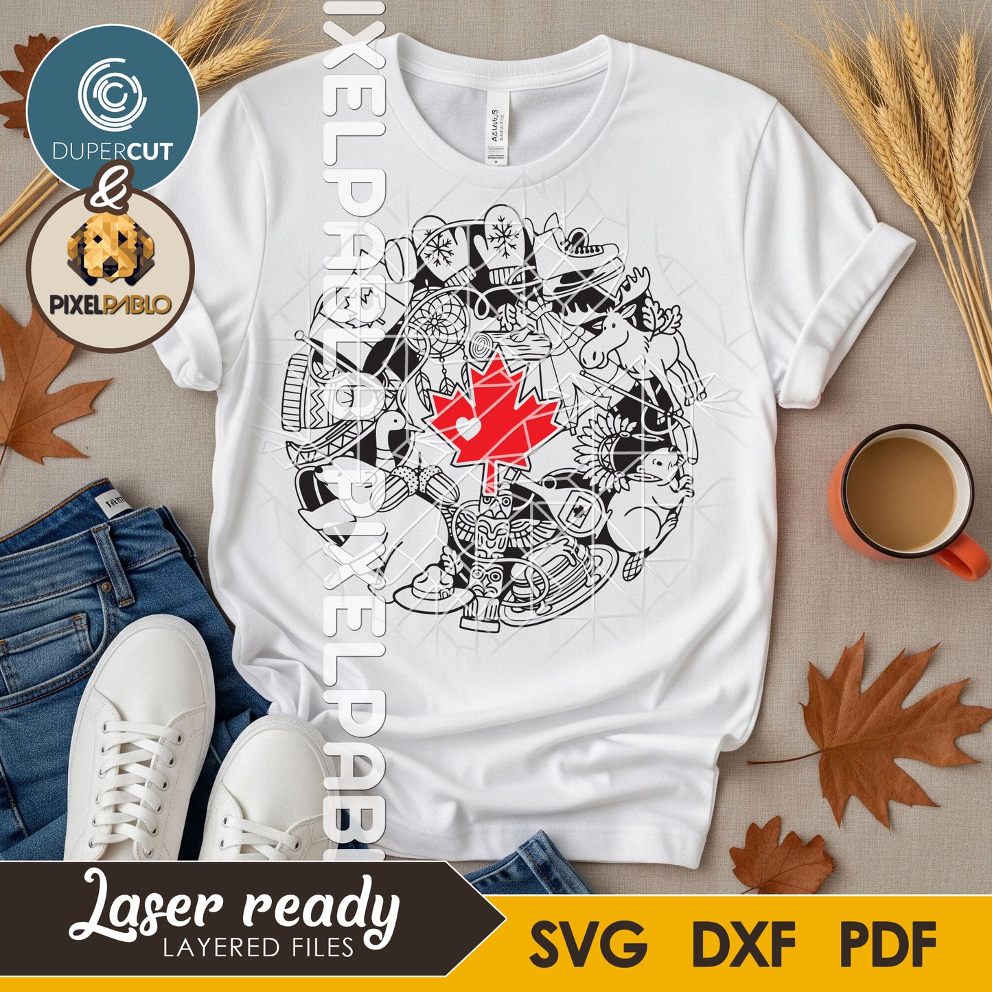 Symbols of Canada collage, round wall decoration sign plaque for laser engraving, SVG DXF vector files for screen printing, tshirt design, sublimation art by www.DuperCut.com