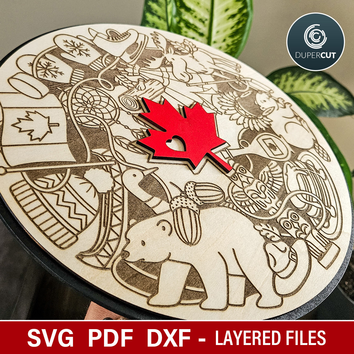 Symbols of Canada collage, circle wall art sign plaque for laser engraving, SVG DXF vector files for laser machines Glowforge by www.DuperCut.com