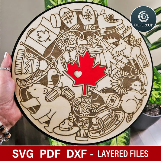 Symbols of Canada collage, round wall decoration sign plaque for laser engraving, SVG DXF vector files for laser machines Glowforge by www.DuperCut.com