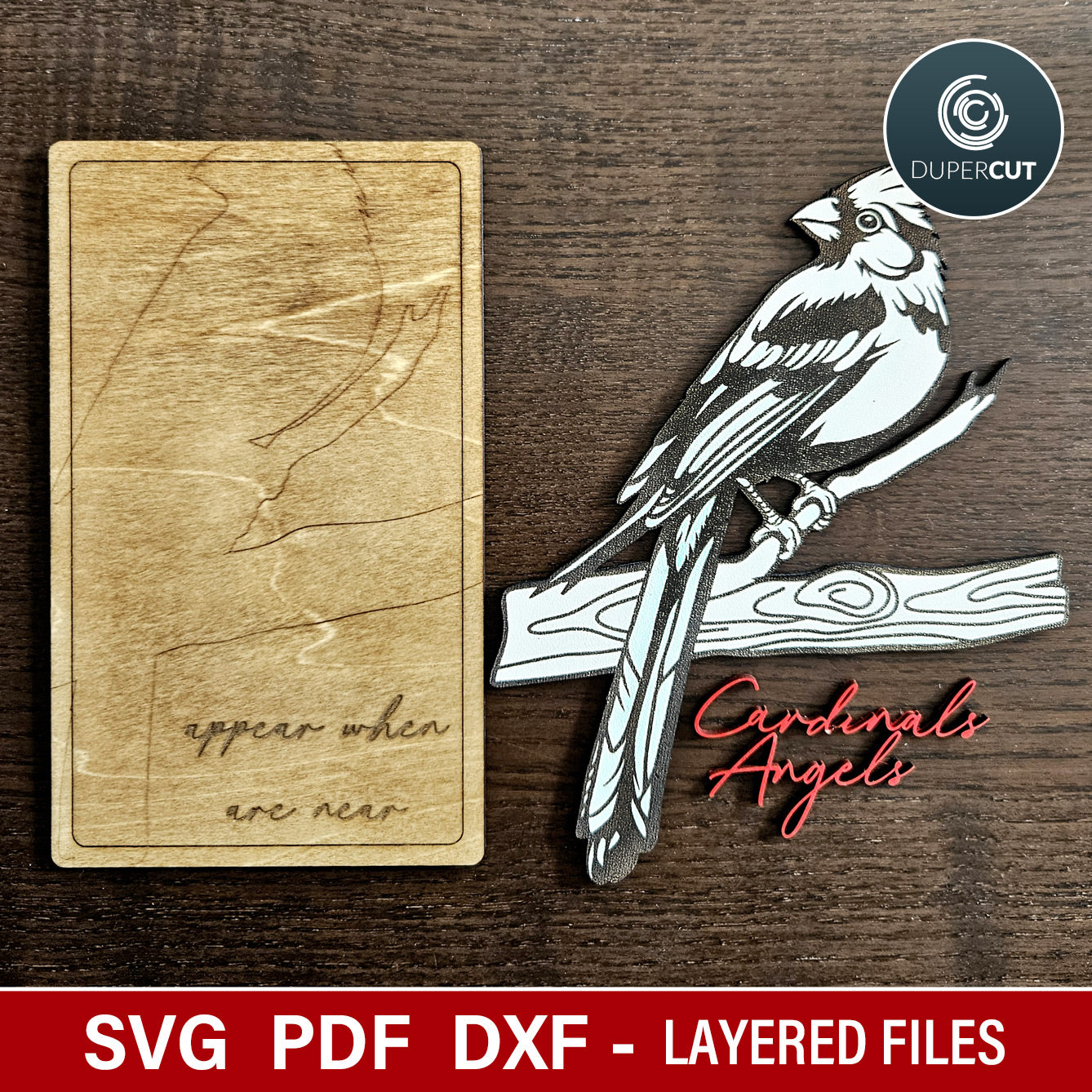 Cardinal bird loss of loved one memorial plaque, SVG DXF vector files for laser cutting machines Glowforge, Xtool, CNC plasma by www.DuperCut.com