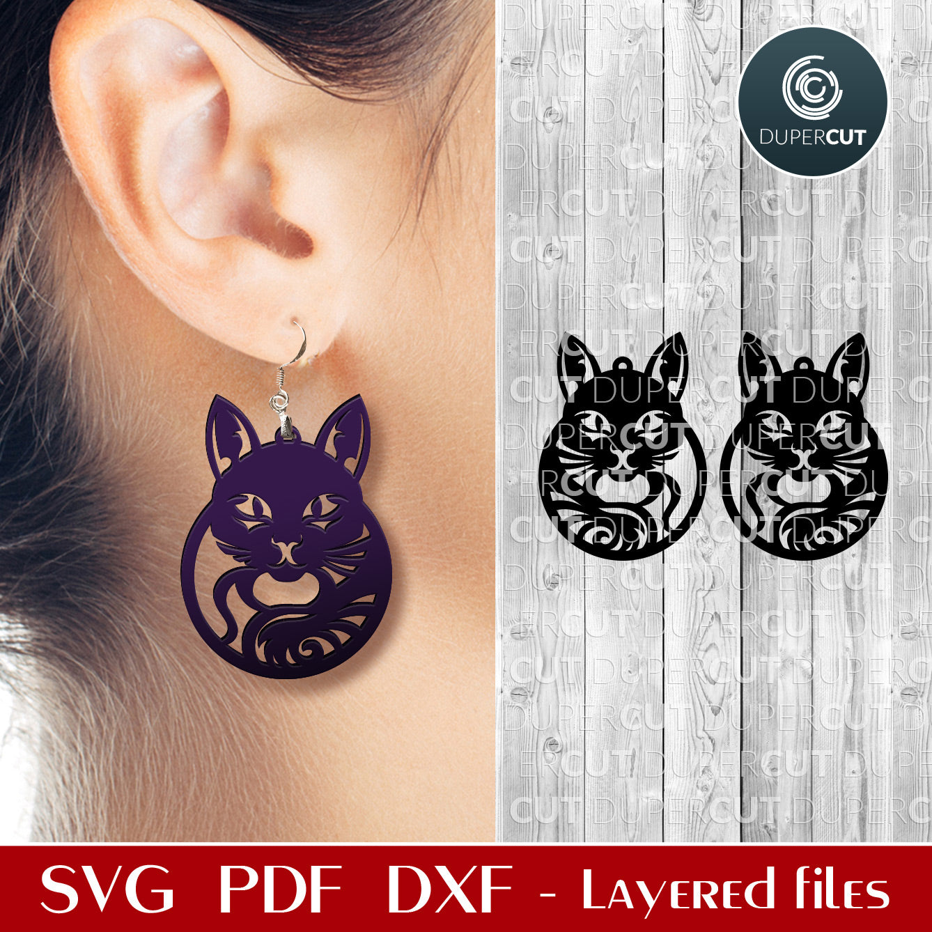 Black cat DIY leather wood Halloween earrings - SVG DXF vector files for laser cutting, Glowforge, Cricut, Silhouette, CNC plasma machines by www.DuperCut.com