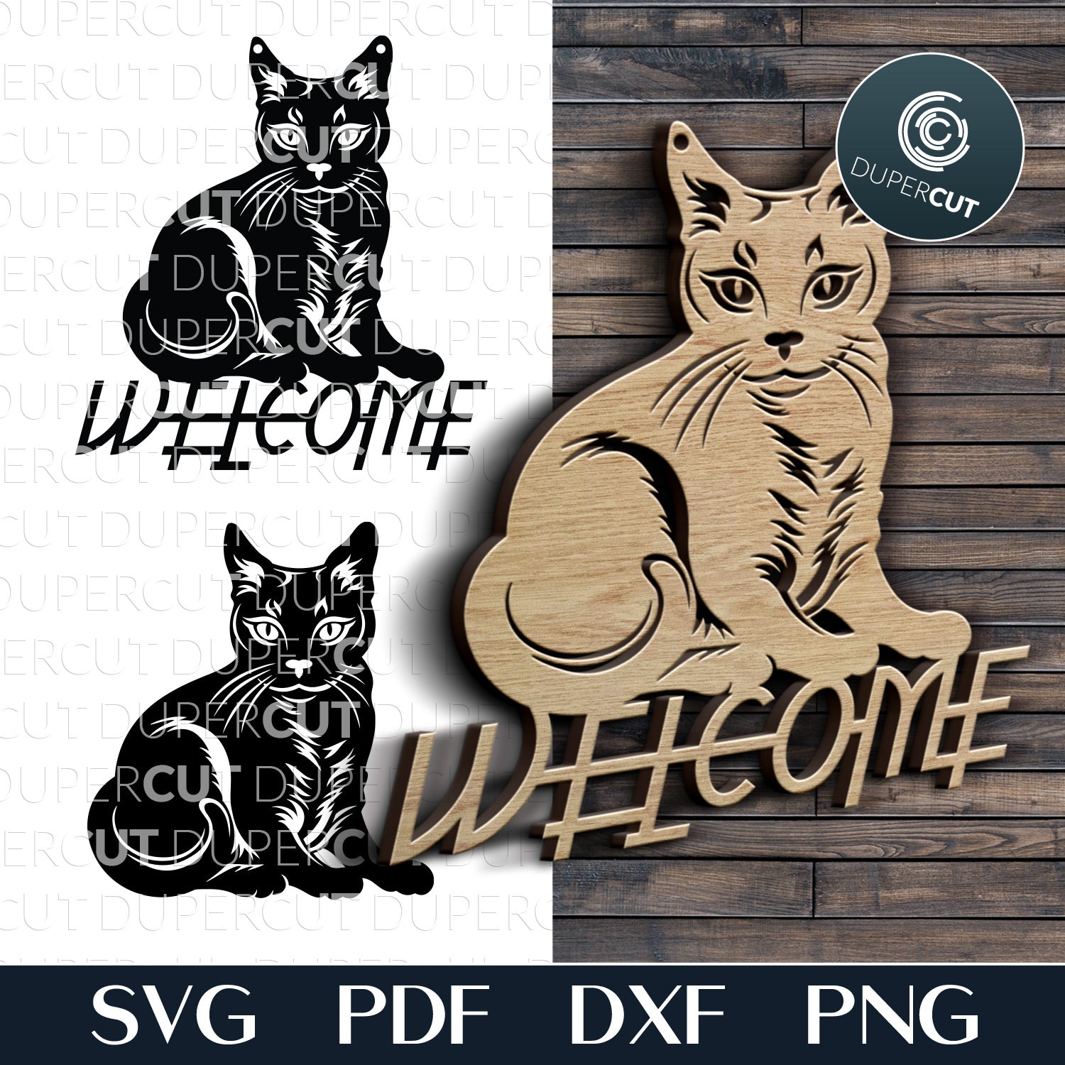 Cat welcome sign door hanger - SVG DXF vector files for Glowforge, Cricut, Silhouette cameo, CNC plasma machines by www.DuperCut.com