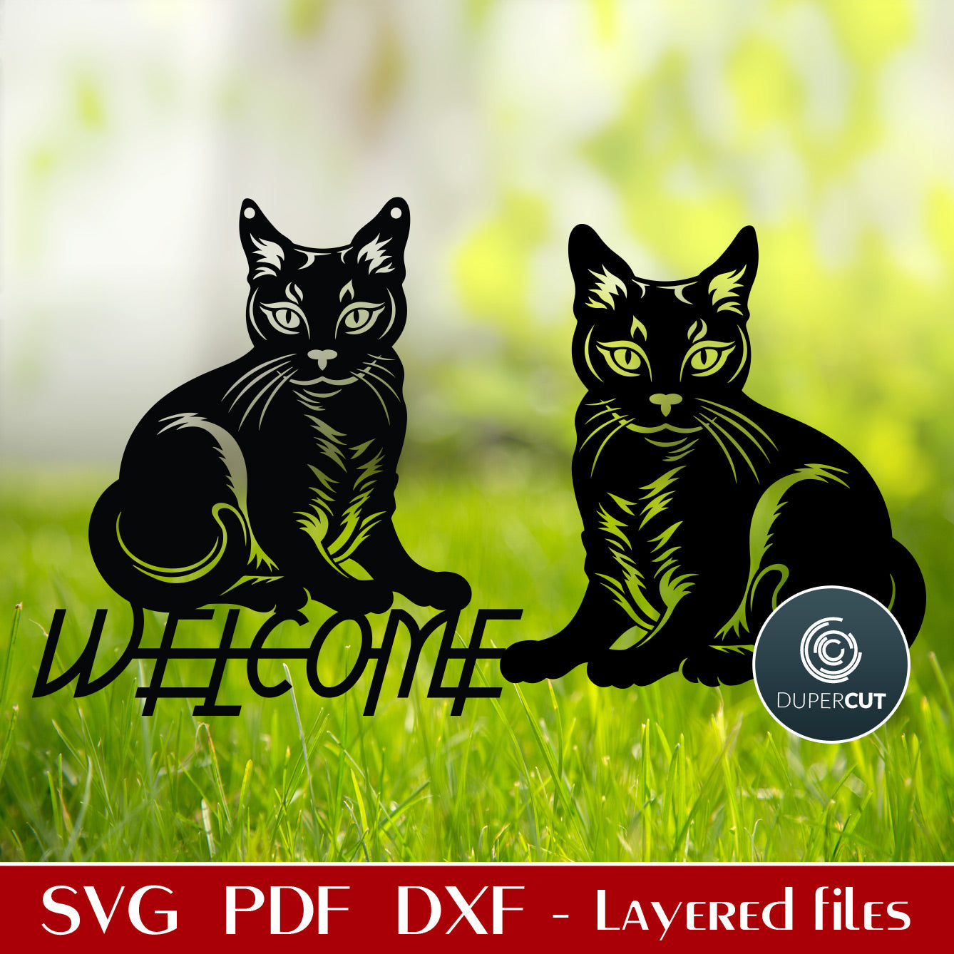 Cat welcome sign door hanger - SVG DXF vector files for Glowforge, Cricut, Silhouette cameo, CNC plasma machines by www.DuperCut.com