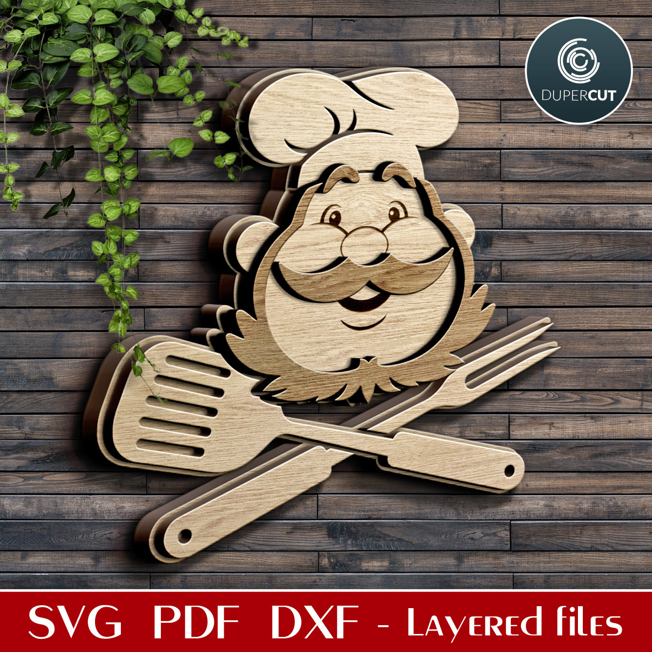Chef sign kitchen decoration gift - SVG layered cut files for Glowforge, Cricut, X-tool, laser cut, scroll saw pattern by www.DuperCut.com