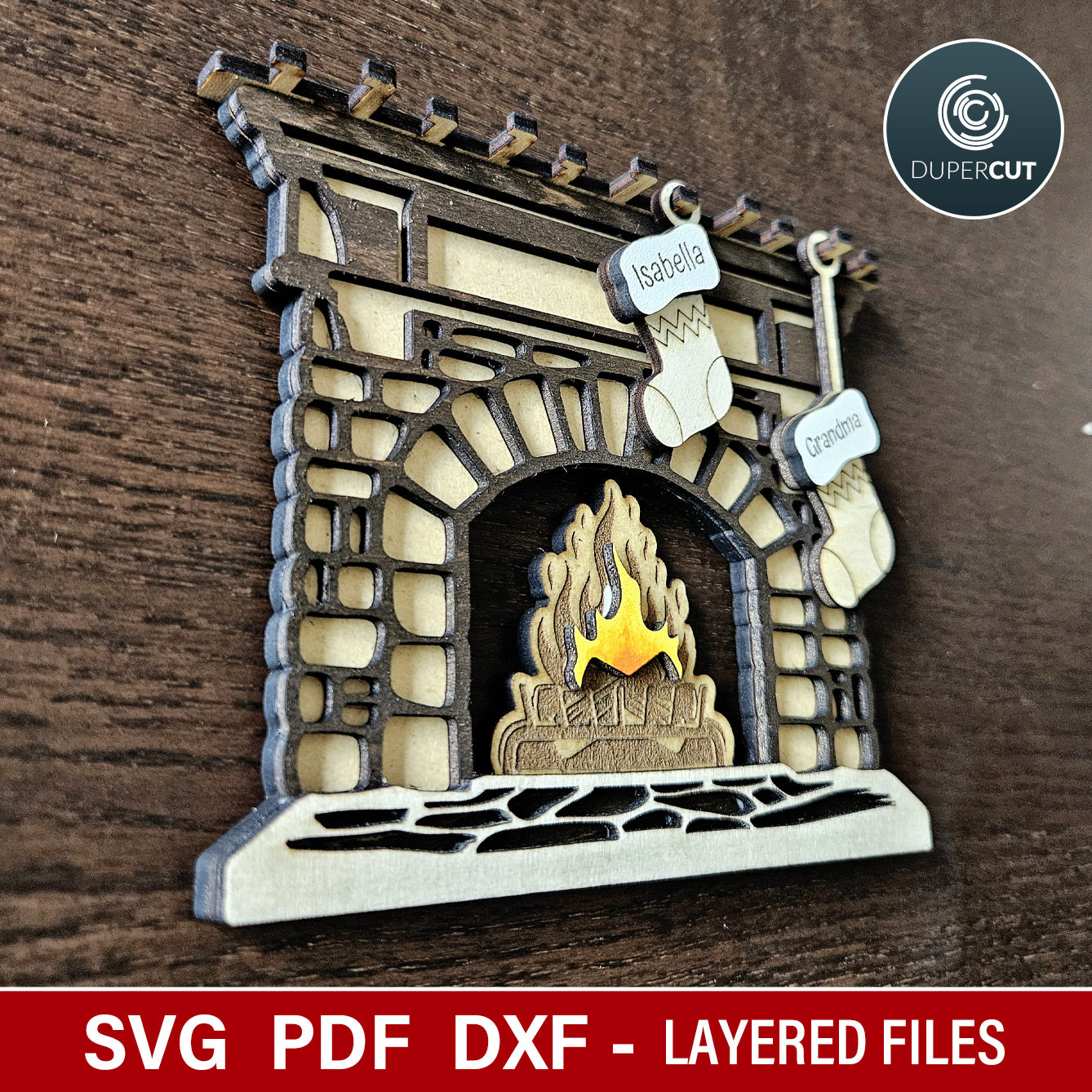 Christmas decoration fireplace with custom name stockings, SVG vector files for laser cutting Glowforge, Xtool, CNC plasma machines by www.DuperCut.com