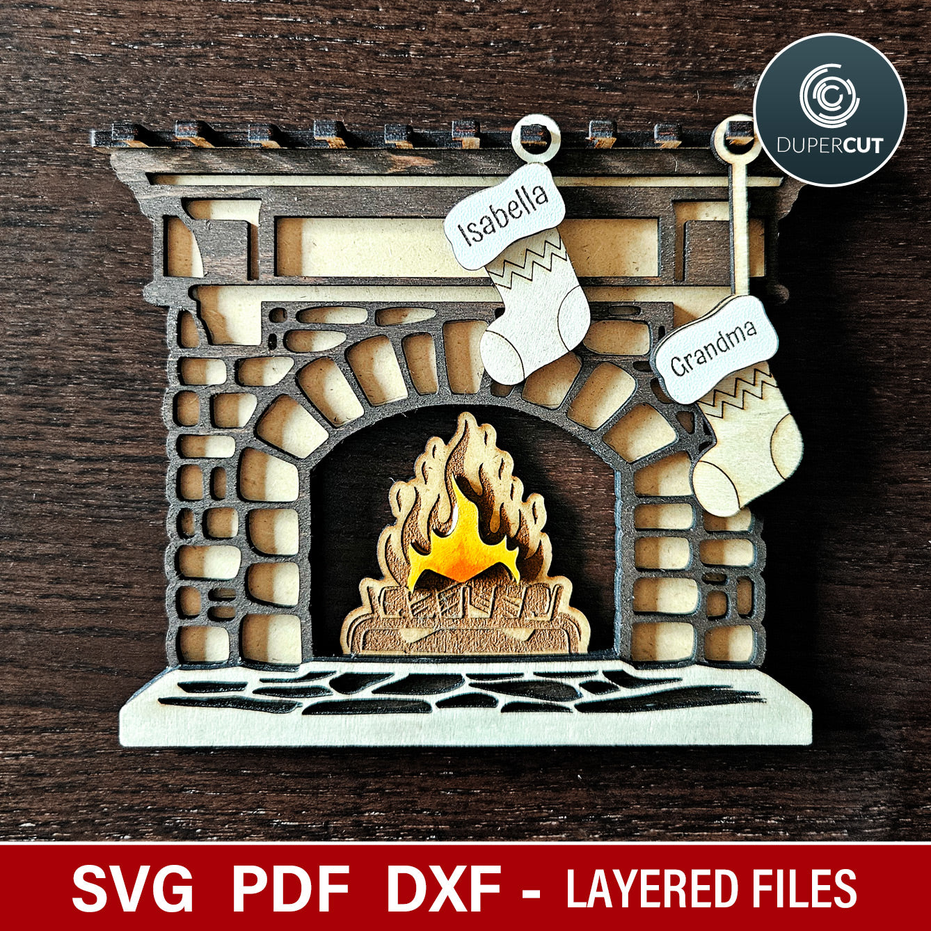 Christmas standing fireplace with custom name stockings, SVG vector files for laser cutting Glowforge, Xtool, CNC plasma machines by www.DuperCut.com
