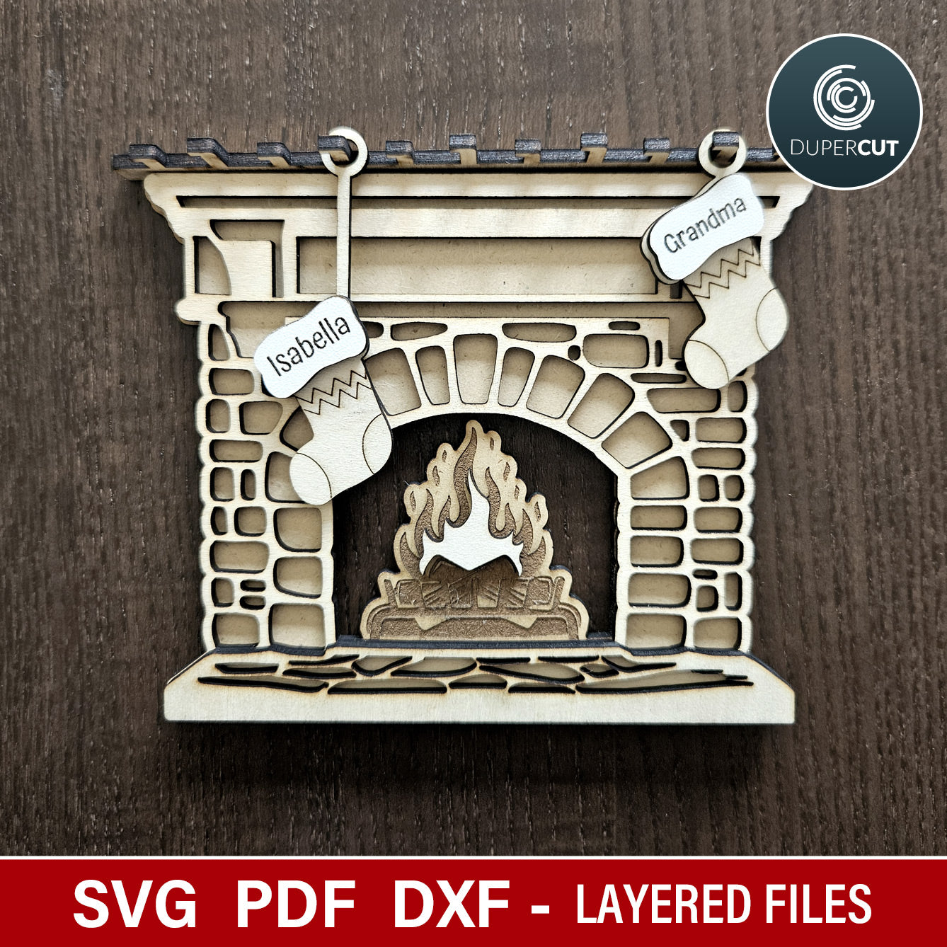 Christmas mantel with personalized stockings, SVG vector files for laser cutting Glowforge, Xtool, CNC plasma machines by www.DuperCut.com