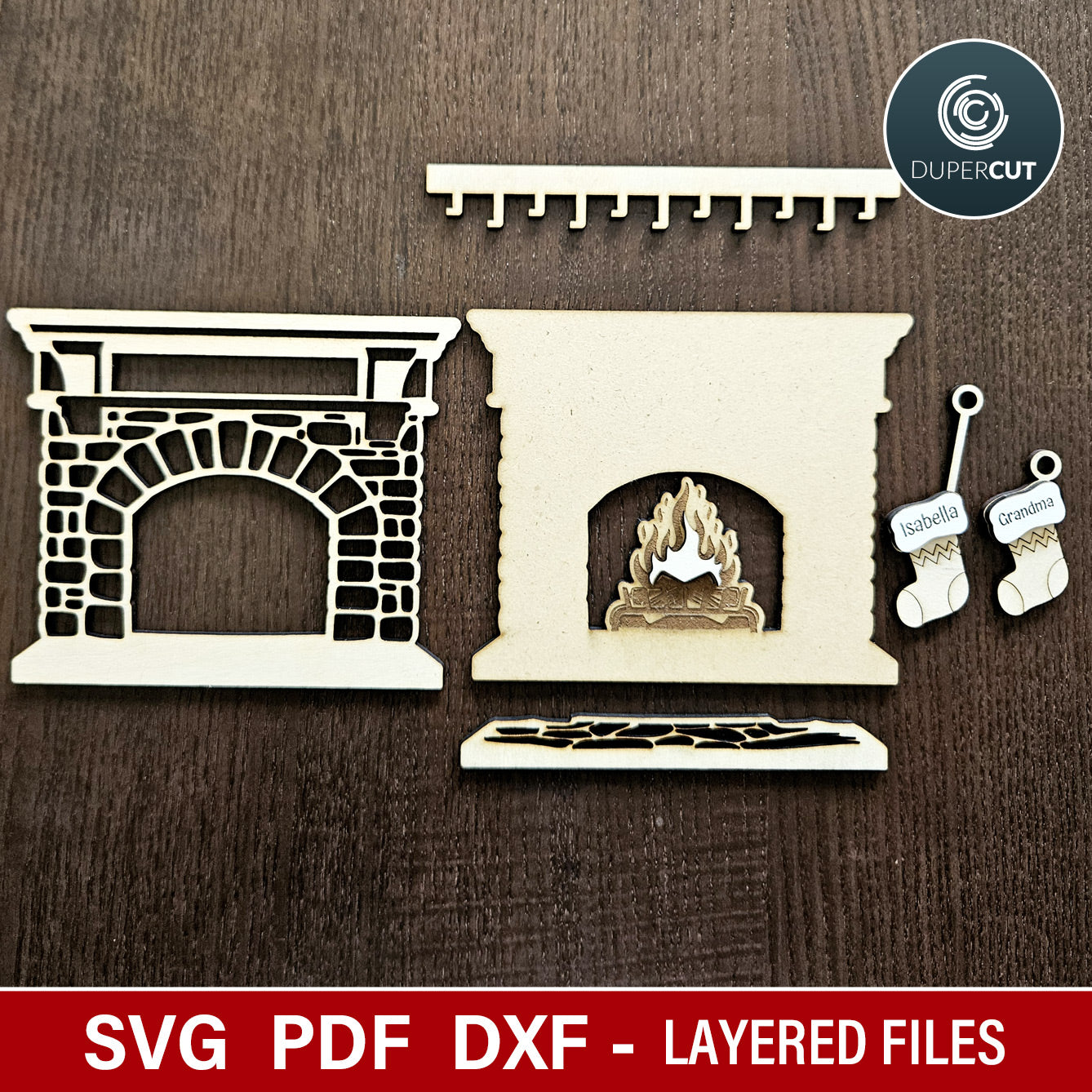 Christmas decoration fireplace with custom name stockings, SVG vector files for laser cutting Glowforge, Xtool, CNC plasma machines by www.DuperCut.com