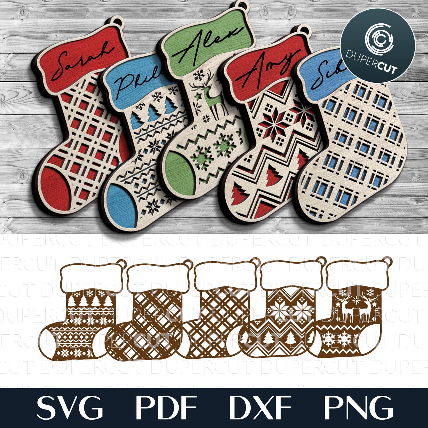 Christmas stockings personalized decoration tag, layered SVG files for laser machines, Glowforge, Xtool, Cricut, CNC plasma by www.DuperCut.com