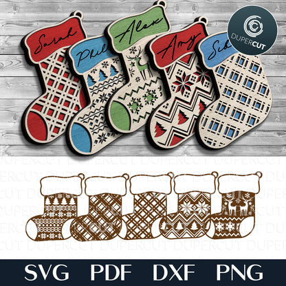 Christmas stockings personalized decoration tag, layered SVG files for laser machines, Glowforge, Xtool, Cricut, CNC plasma by www.DuperCut.com