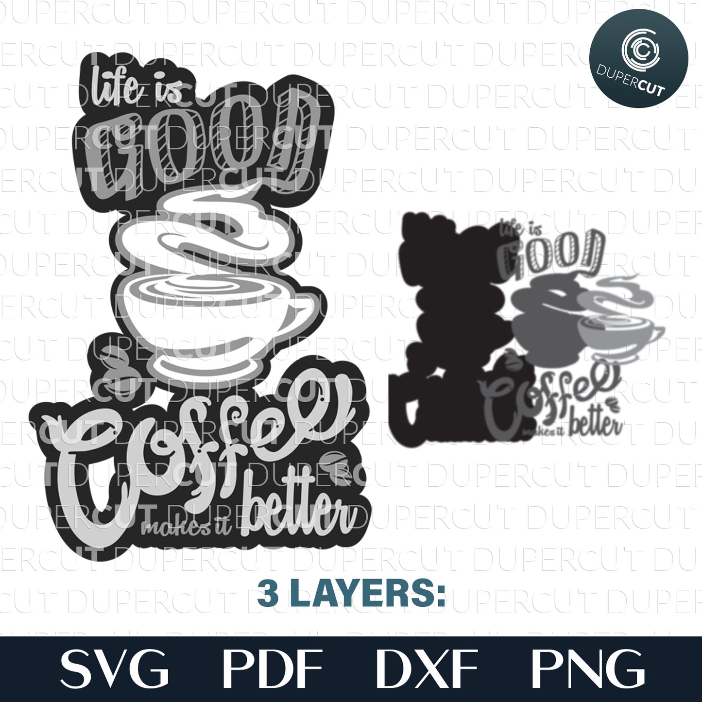 Coffee wall decor sign, Life is Good Coffee Makes it Better plaque. Layered vector files for laser cutting machines Glowforge, Xtool, Cricut, CNC plasma machines by www.DuperCut.com