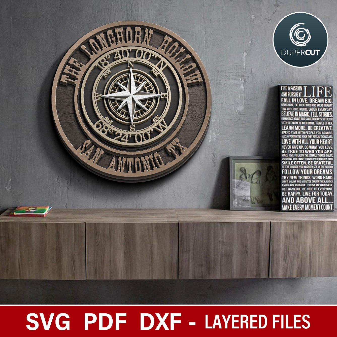 Compass sign with custom text and coordinates, layered laser cutting vector file for Glowforge, Xtool, Cricut, CNC plasma machines, scroll saw template pattern by www.dupercut.com