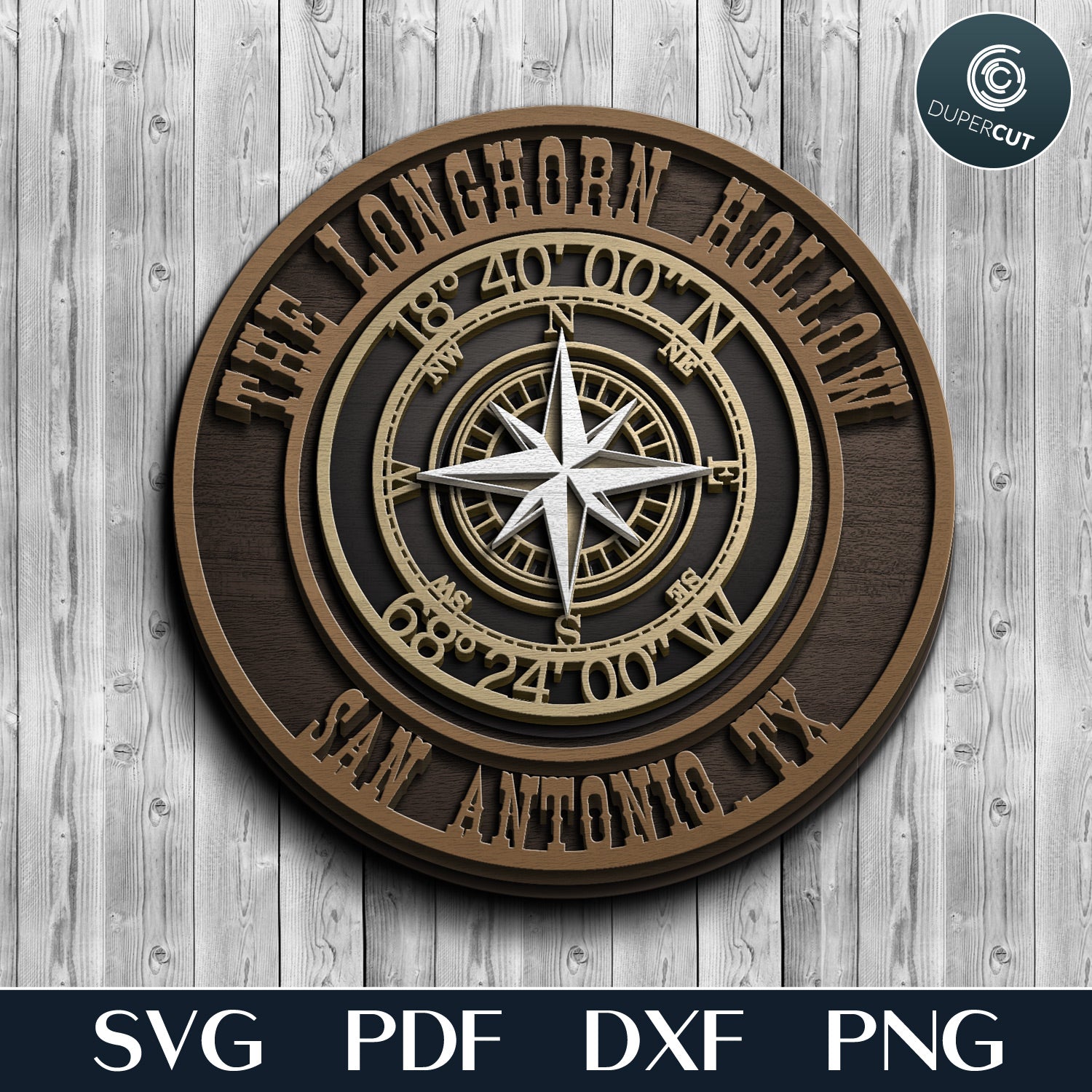 Compass sign with custom text and coordinates, layered laser cutting vector file for Glowforge, Xtool, Cricut, CNC plasma machines, scroll saw template pattern by www.dupercut.com