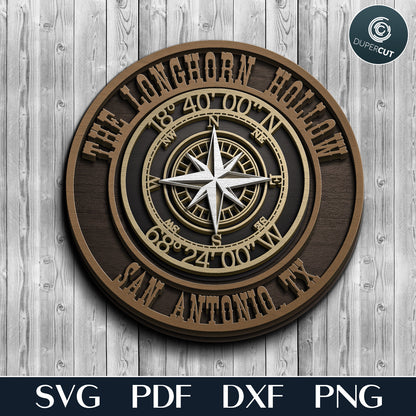 Compass sign with custom text and coordinates, layered laser cutting vector file for Glowforge, Xtool, Cricut, CNC plasma machines, scroll saw template pattern by www.dupercut.com
