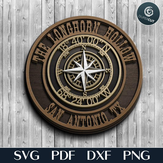 Compass sign with custom text and coordinates, layered laser cutting vector file for Glowforge, Xtool, Cricut, CNC plasma machines, scroll saw template pattern by www.dupercut.com