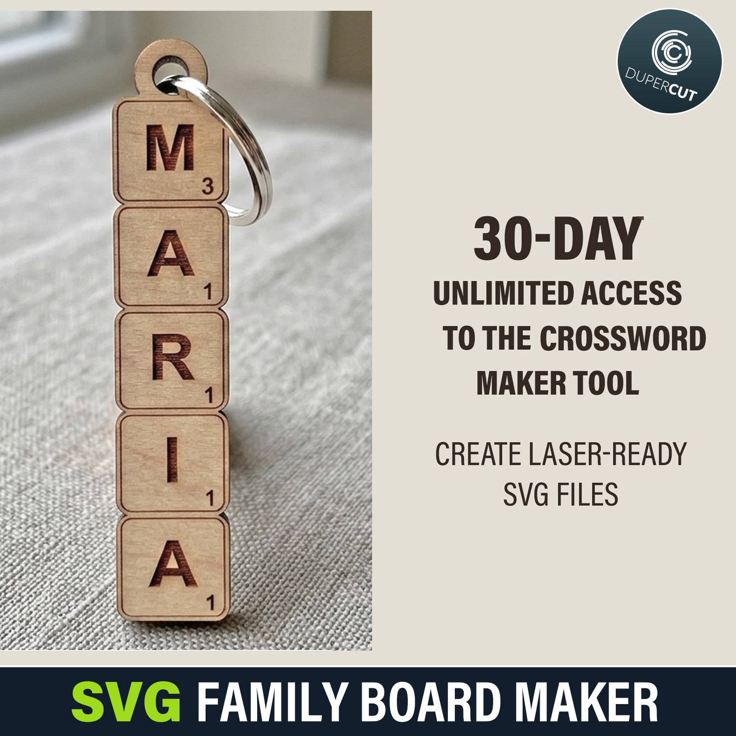 Online word tile ornament SVG generator. Create custom letter tile tags, keychains and more, then download a laser-ready file for cutting. By www.DuperCut.com